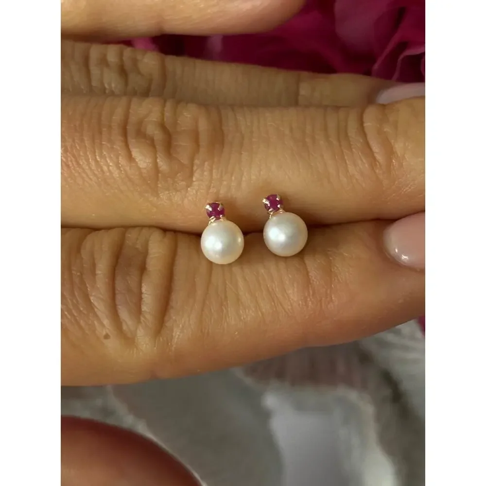 14K Yellow Gold Pearl & Ruby Stud Earrings